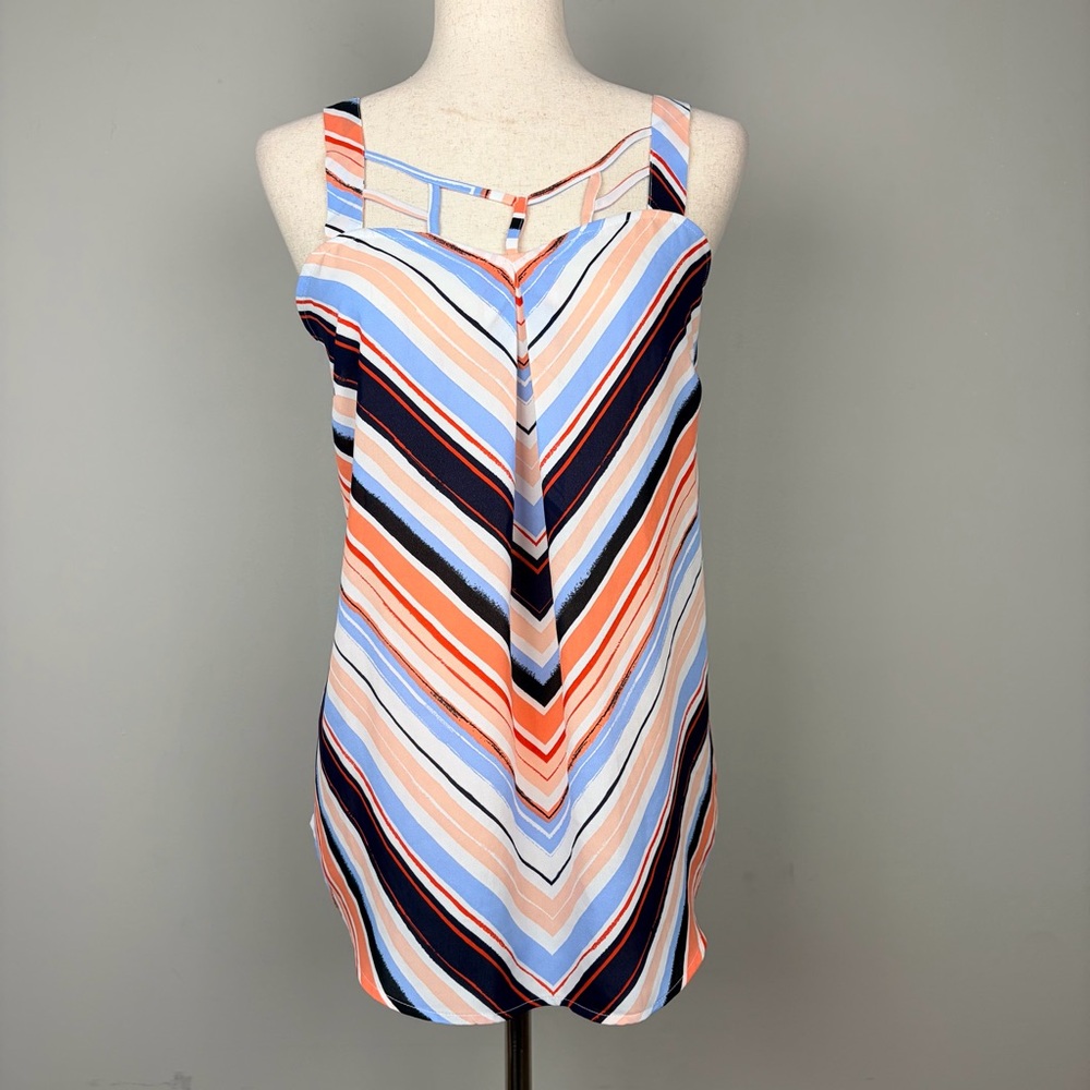 Maurices Chevron Stripe Sleeveless Blouse Lattice Neck Coral Blue M